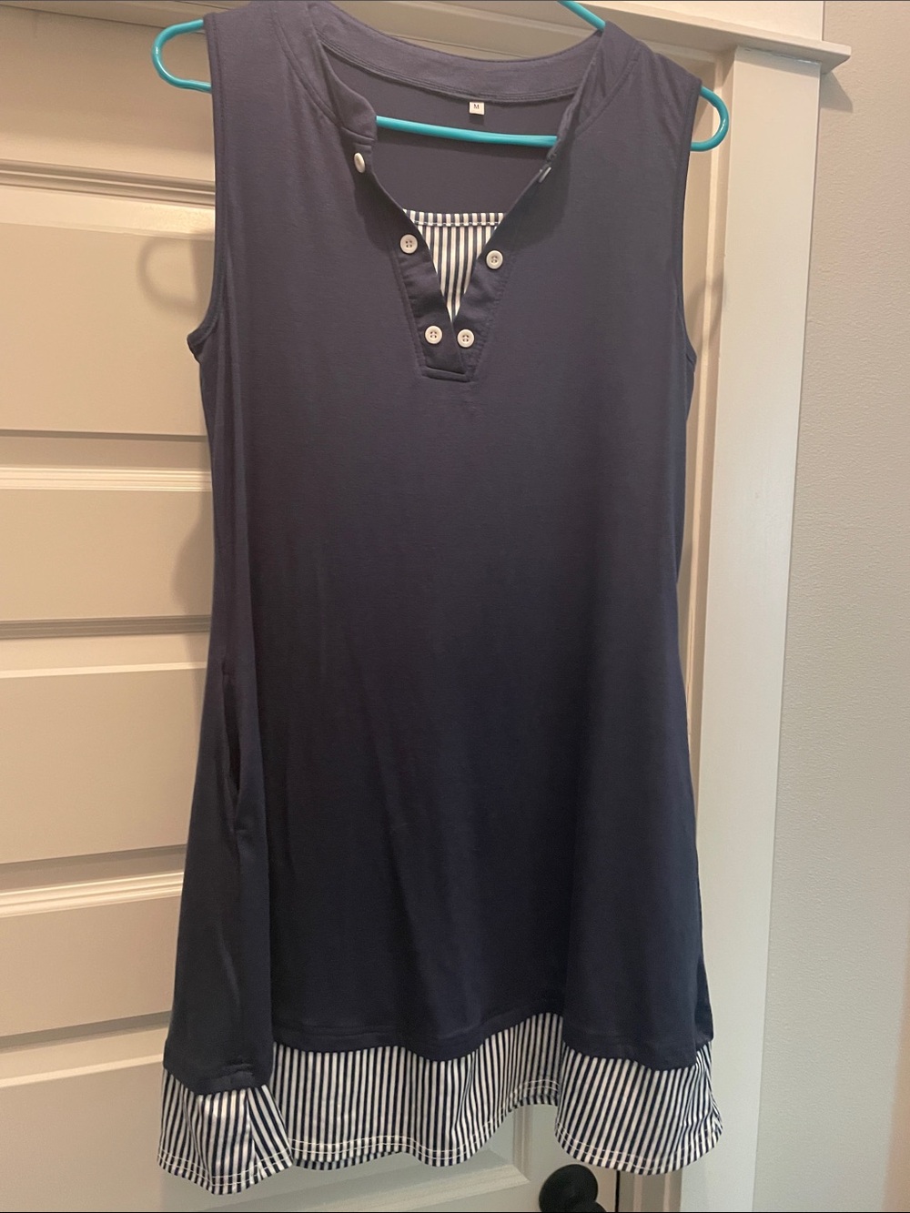 Navy Sleeveless Tank Dress with Striped Hem